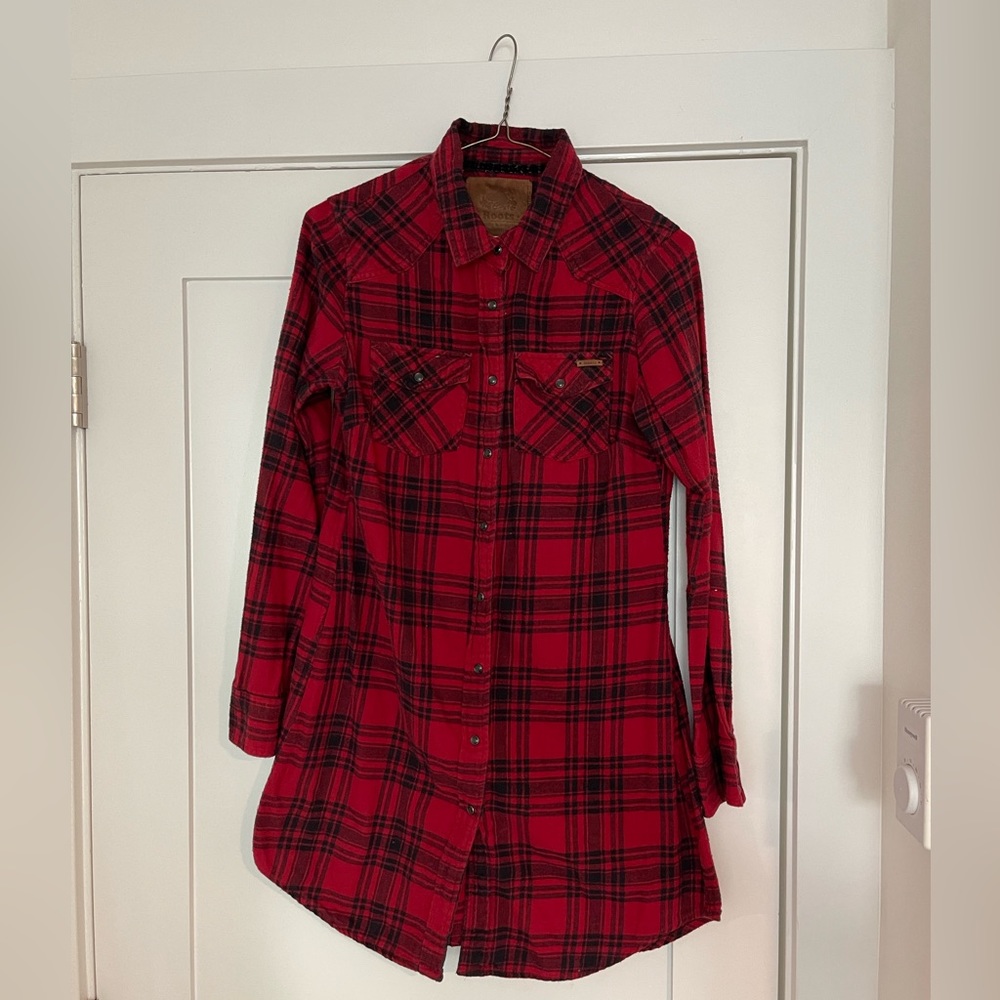 Roots Small Red Black Flannel Snap Front Dress